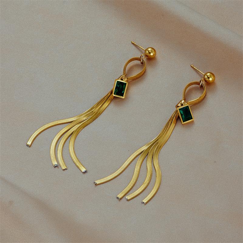 Gold Plated Stainless Steel Green Zircon Snake Chain Tassel Drop Earrings золотой