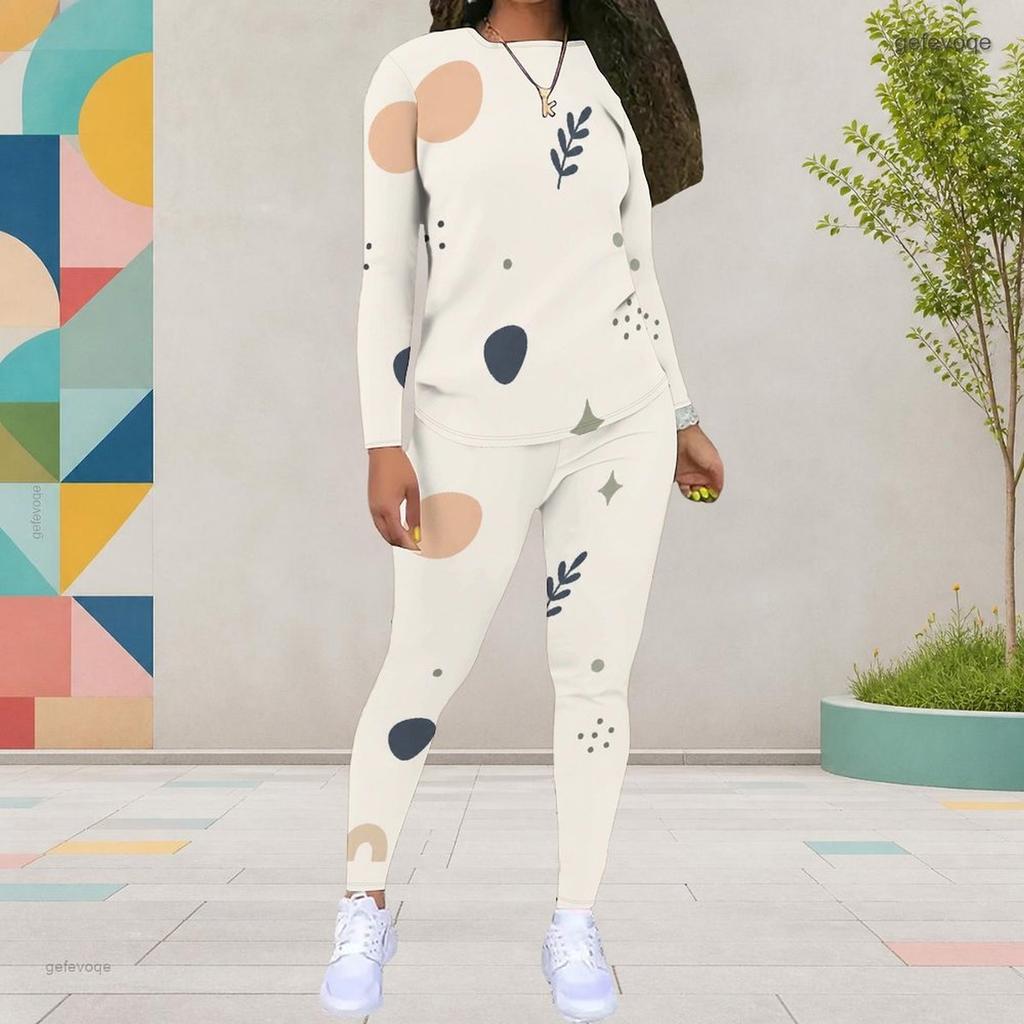 Women Plus Size Cream White Dots Printed Round Neck Long Sleeve Fitted Two Piece Pants Set With Pockets