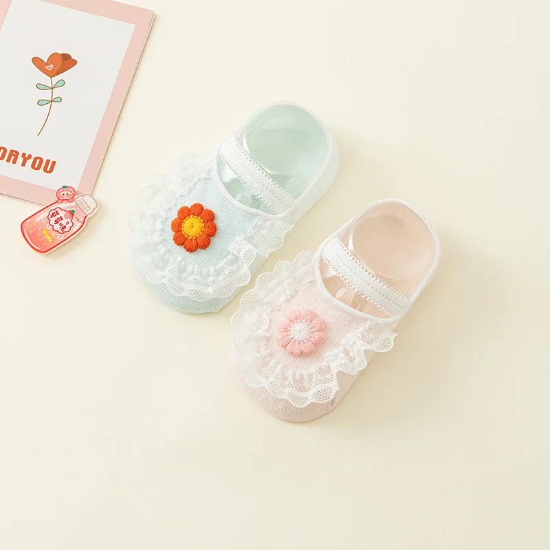 2 Paare 0-12M Neugeborene Baumwolle Kurze Socken Niedliche Blume Spitze Schuhe Rutschfeste Bodensocken für Baby Mädchen Kleinkind Knöchelsocken Bootssocken