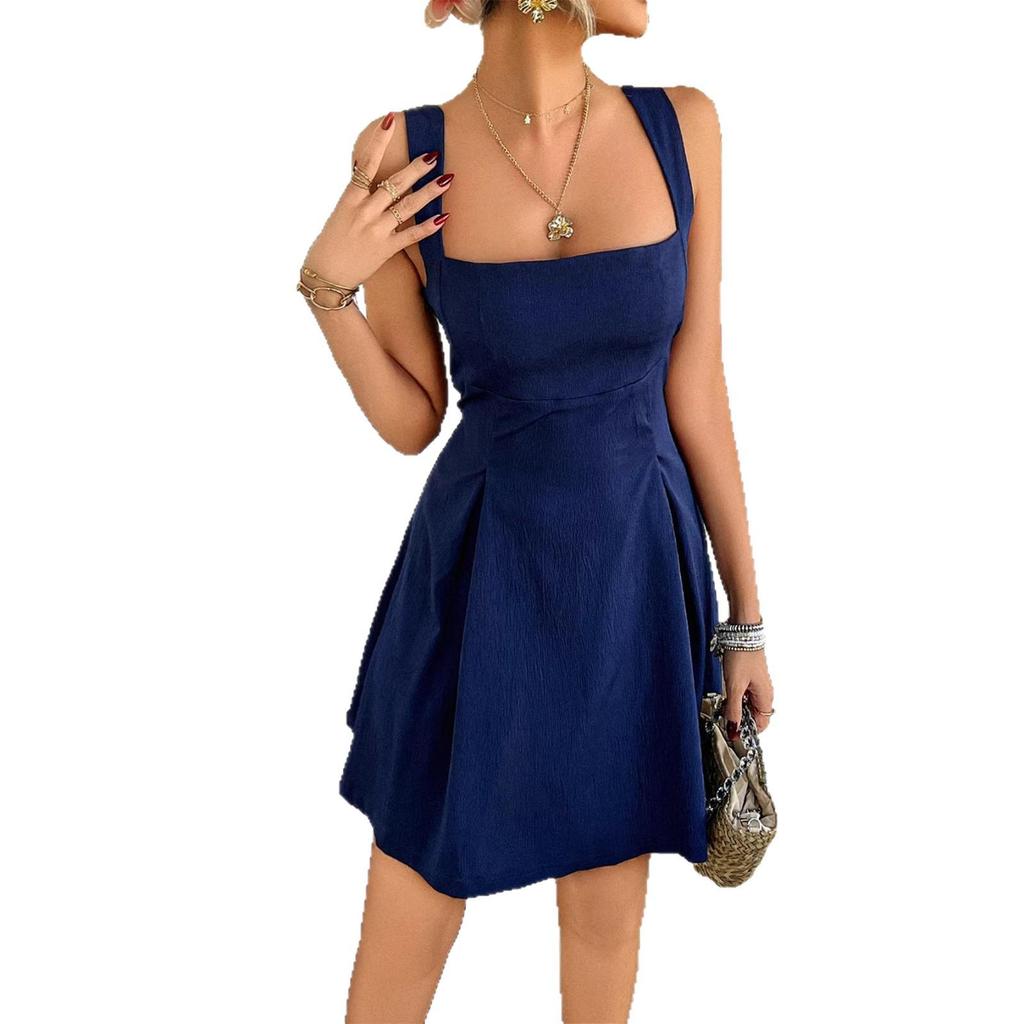 Spring/Summer 2026 Elegant Solid Color Spaghetti Strap Square Neck Short Dress for Women