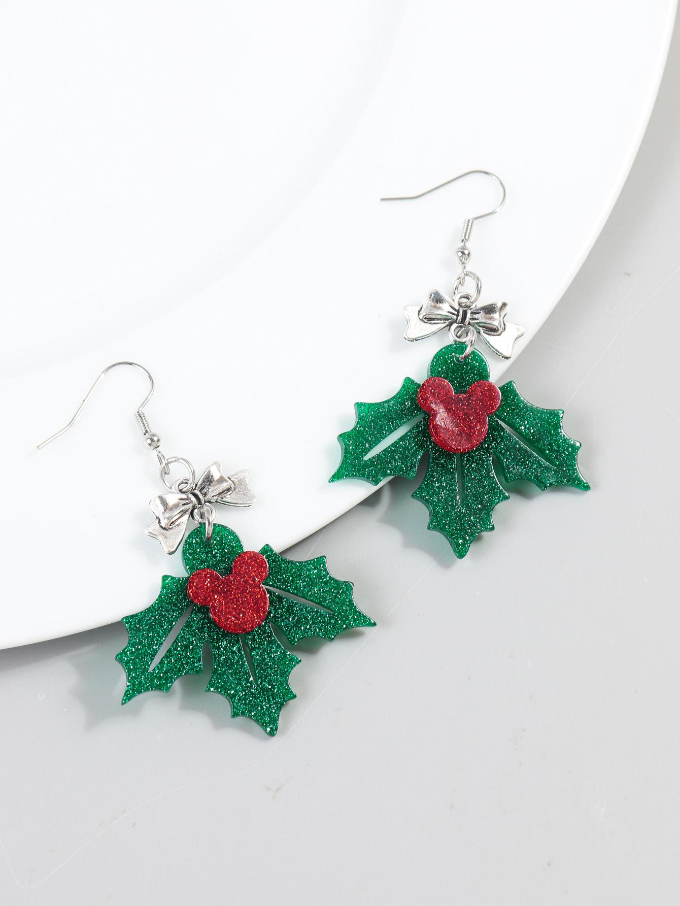 

Glitter Green Leaf Acrylic Christmas Earrings for Women Creative Bow Leaves Long Dangle Earring Fashion Party Jewelry Gifts лист