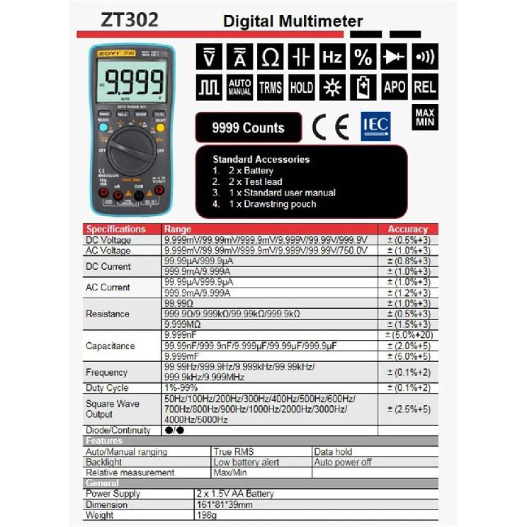 ZOYI Digital Multimeter ZT-X T-RMS Auto Range EBTN LCD Display DC/AC Voltmeter Ammeter Current Capacitor Ohm Temp Hz NCV Tester
