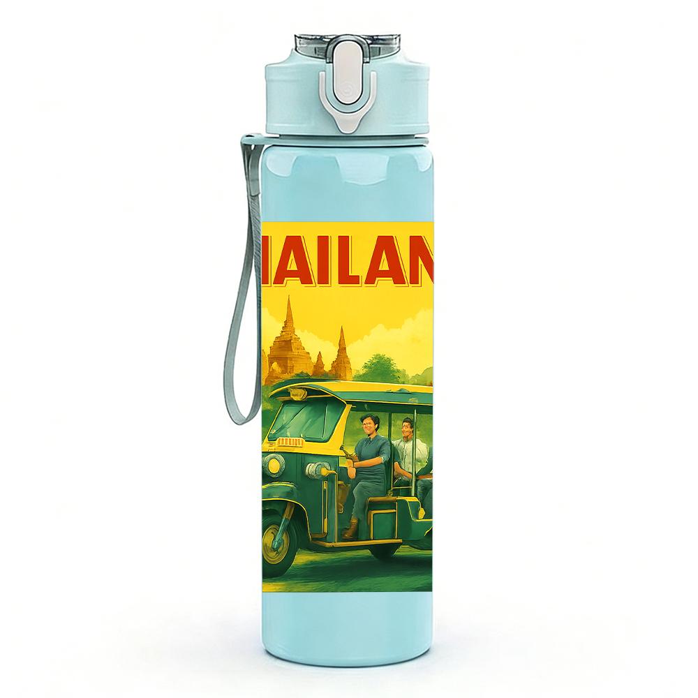 1PC Thailand Retro Travel Poster 750ml Color Plastic Sports Water Bottle Leakproof Flip Straw Lid Suitable for Sports Office Home Use