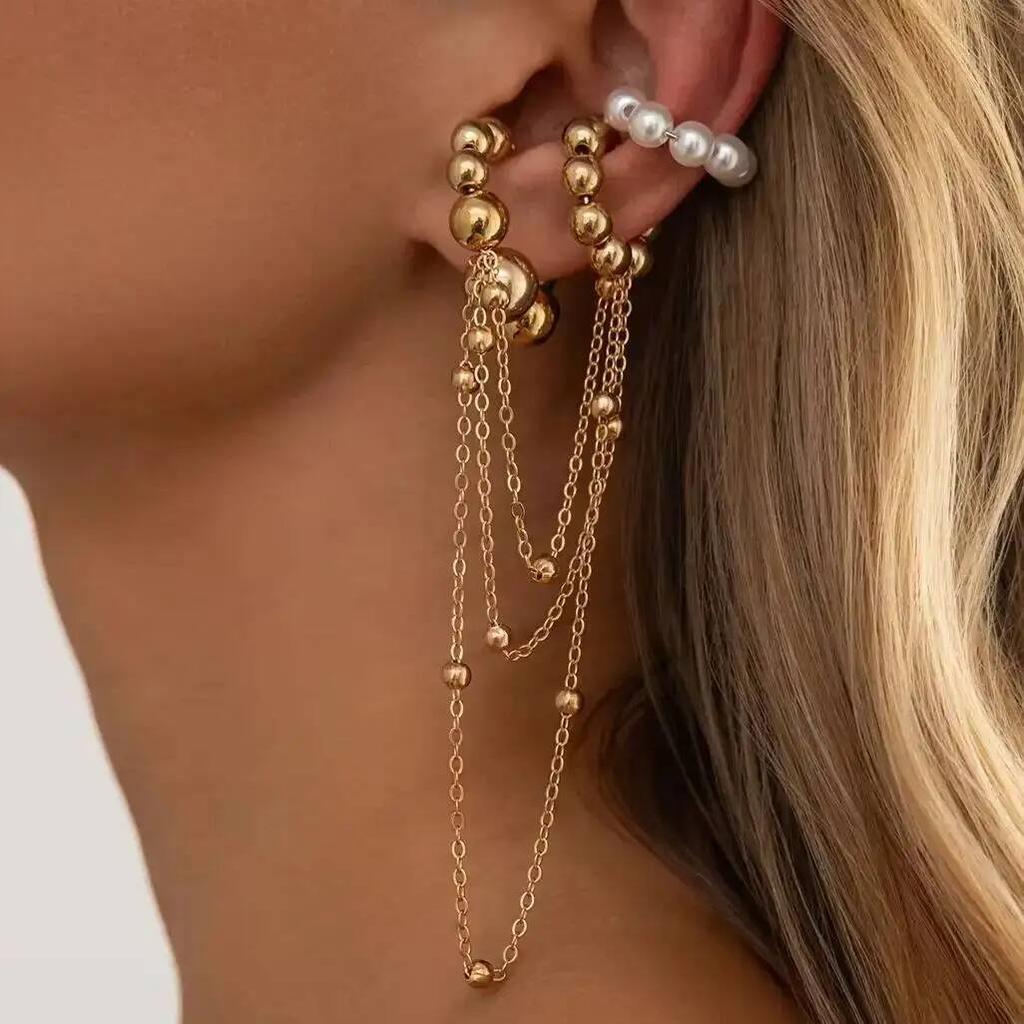 Salircon 2026 New Exquisite Imitation Pearl Metal Long Tassel C-Shaped Piercing Earring Women Holes Earbone Clip Earring Jewelry