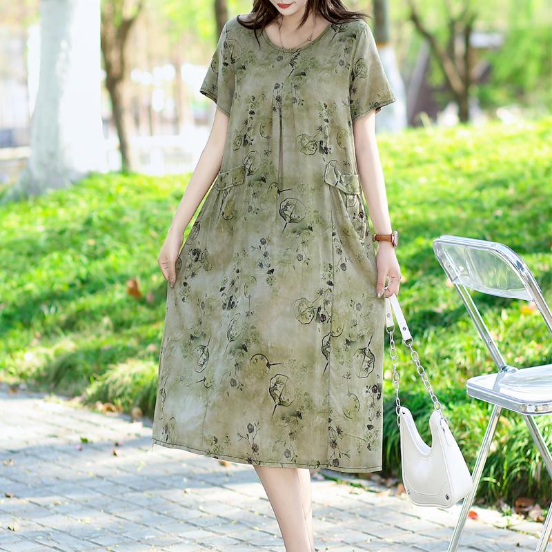 Summer Dresses O-neck Print Long Dress Short Sleeve Women Long Dresses Bohemian Cotton Style Loose Dresses Women Clothing