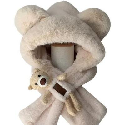 New Cute Bear Integrated Hat Scarf Set Plush Windproof Neck Warmer Coldproof Warm Pullover Cap for Outdoor Cycling Skiing
