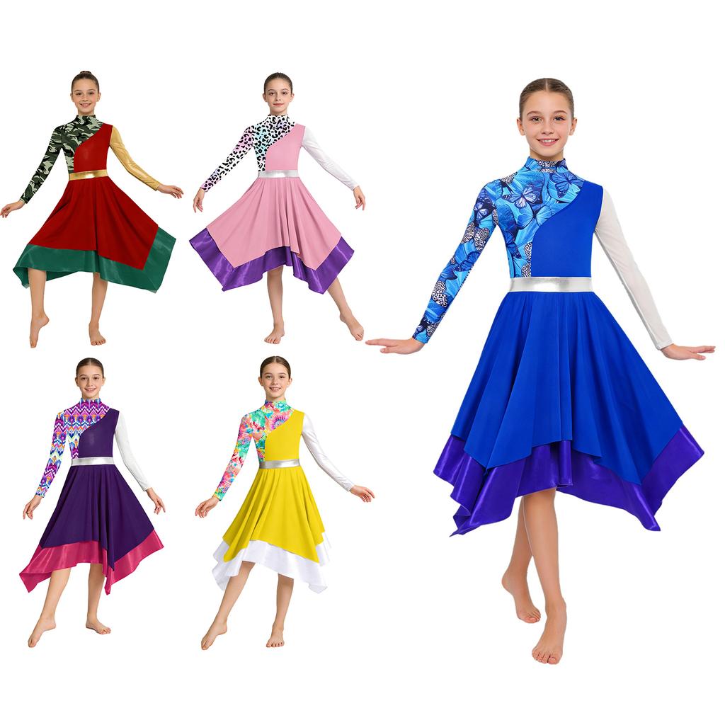 Girls Liturgical Praise Dance Dress Mock Neck Long Sleeve Back Invisible Zipper Stylish Print Metallic Color Block Patchwork Irregular Hem for Church