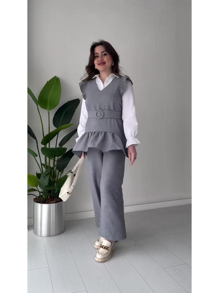 2024 Autumn Women's Solid Color Ruffle Sleeve Top & Wide Leg Pants Set