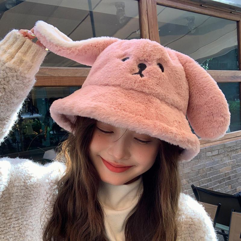 Korean Style Plush Rabbit Ears Bucket Hat With Warm Windproof Function For Outdoor Winter Wear