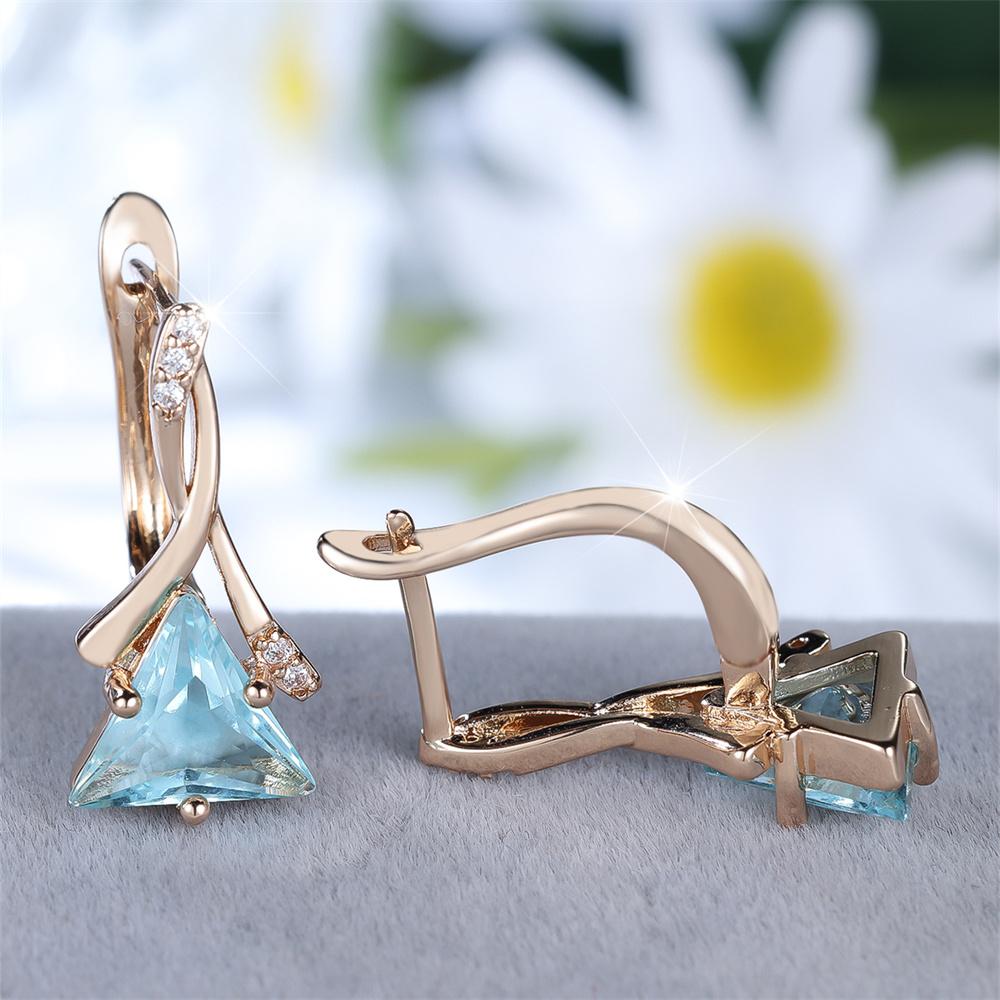 Cute Triangle Stone Aqua Blue Crystal Hoop Earrings For Women Vintage Gold Color Ear Buckle Wedding Jewelry Valentine's Day Gift