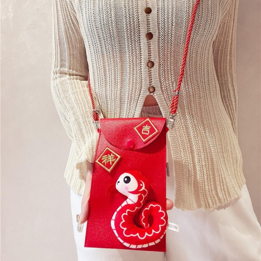 

New Year PU Red Envelopes Bag Cartoon Traditional Spring Festival Hongbao Adjustbale with Rope Crossbody Bag Chinese