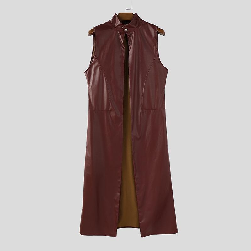 INCERUN Men Stand Collar Sleeveless PU Faux Leather Open Front Casual Long Maxi Cardigan Coats