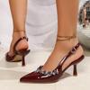 Fashion Crystal Decoration Wine Red Sandals Pointed Toe Sling Back Pumps Women 2025 Summer Patent Leather Thin High Heels Shoes Woman