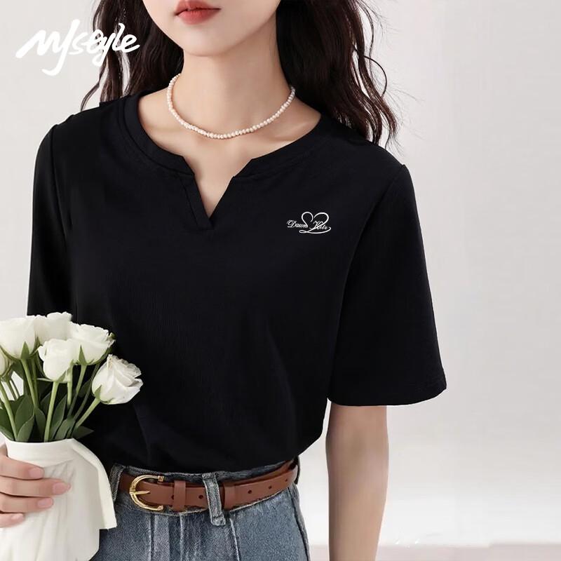 MJ STYLE Breathable V-Neck Slim Fit Short Sleeve T-Shirt for Women L