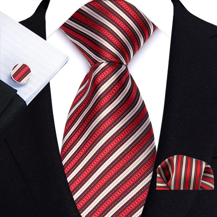 Red Striped Paisley Solid Floral Wedding 8CM Tie For Men Design Mens Necktie Hanky Cufflink Set For Daily Wear Business Party
