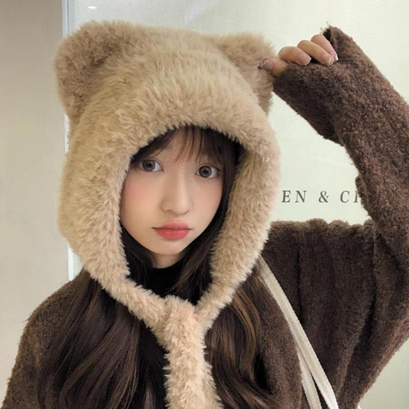 Autumn And Winter  Bear Ear Strap Lei Feng Hat Women'S Korean Cute Warm Ear Protection Knitted Wool Hat