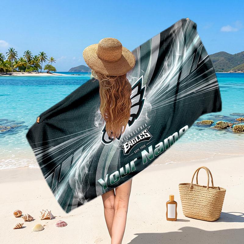 Philadelphia Eagles Customized Name Text Beach Towel, Soft Absorbent Towel Beach Pool Travel Personal Gift