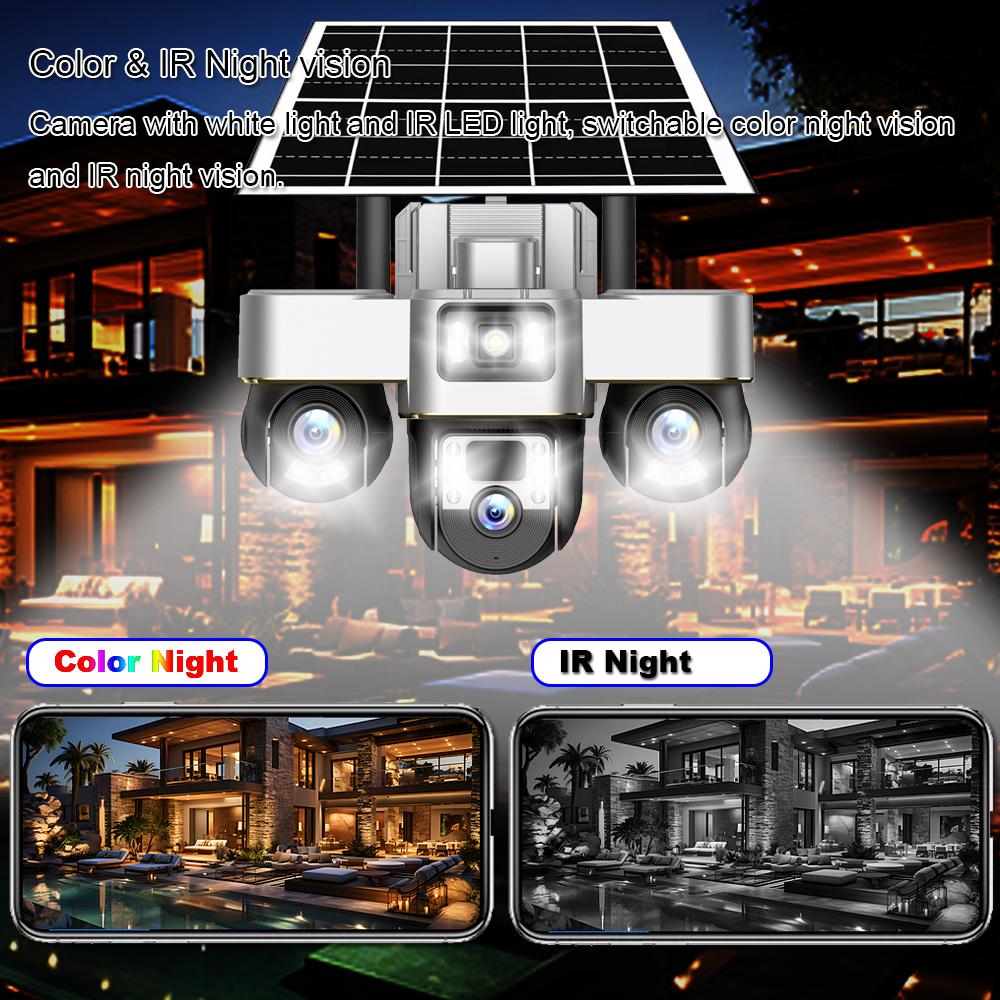 V380 Pro Solar Camera 3 Lens WiFi Security Cameras Outdoor Smart Home Solaire Power PTZ IP 15MP Night Vision CCTV Surveillance