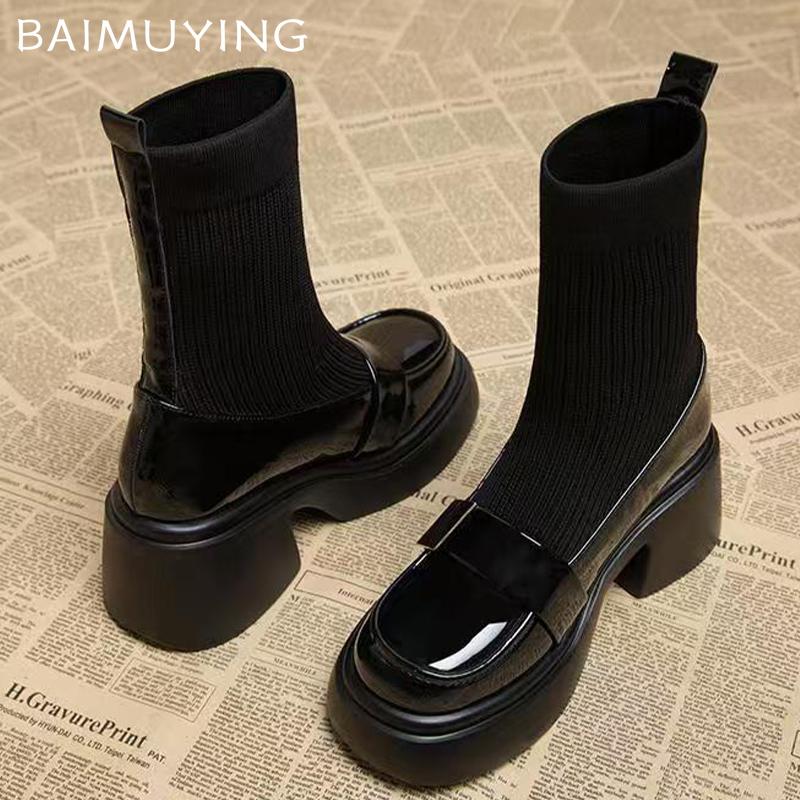 Platformové dámské sněhule kotníkové boty vysoké podpatky designové boty pletené robustní ponožkové boty 2024 trend zimní nové gotické dámské boty