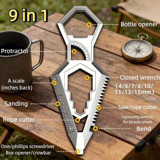 1/2Pcs Stainless Steel 9-in-1 Keychain Portable Bottle Opener Protractor Ruler Screwdriver Wrench Lever Multi-Functional Pocket