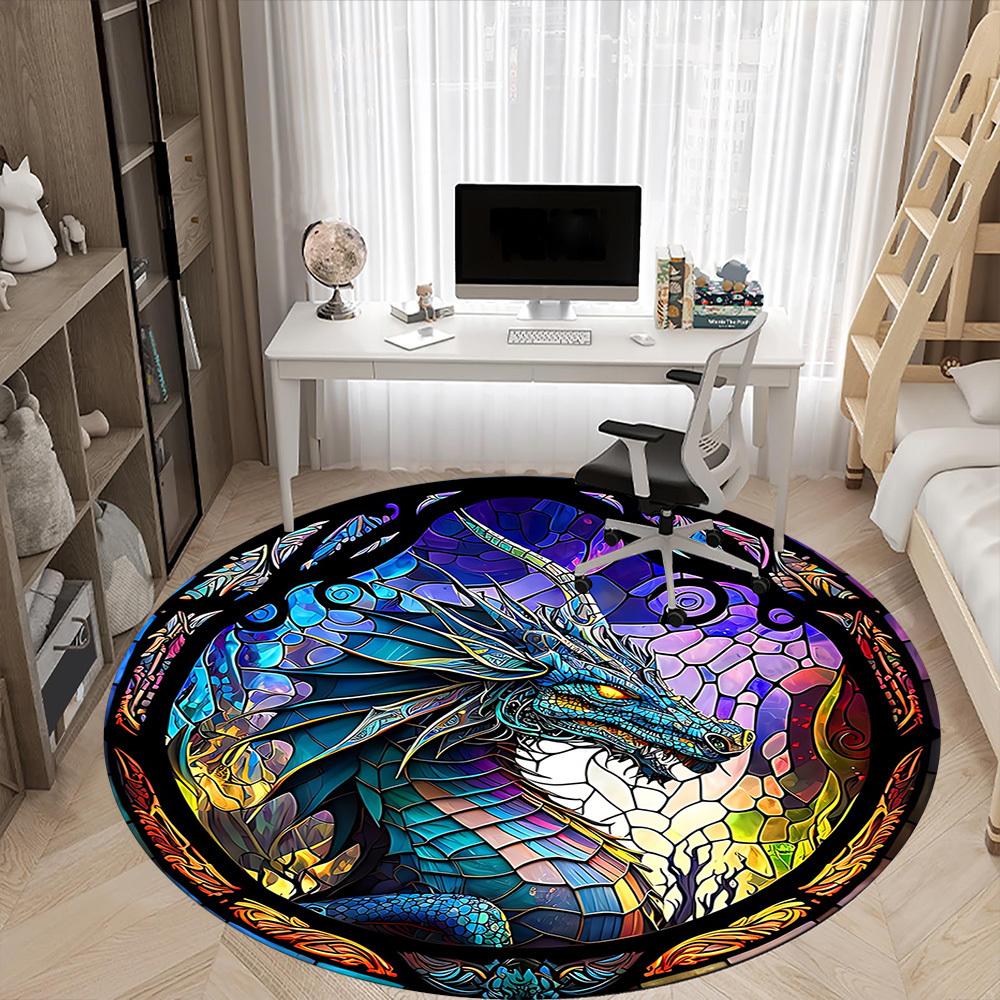 1pc StainedGlass Dragon Office Round Area Rug, Under Office Chairs Bedroom Living Room Home Decor, Room Deco