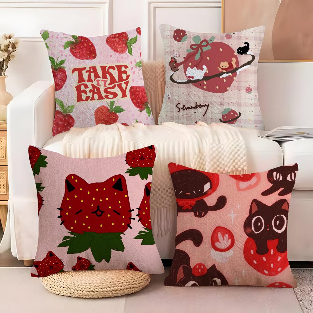 Cute Strawberry Print Cushion Cover Natural Linen Organic Fabric DoubleSided Printing Sofa Home Decor Breathable Bed Pillow