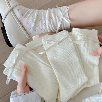 White Bow Socks for Women, Spring and Autumn Mid-calf Socks, Cotton Socks, Sweet Ballet Style, Summer Thin Pile Socks