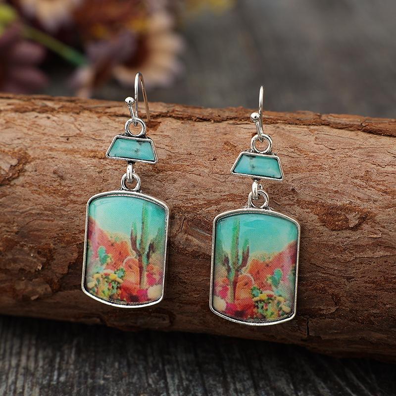 Vintage Western Silver Color Geometry Square Desert Cactus Dispensing Dangle Earrings for Women Accessories