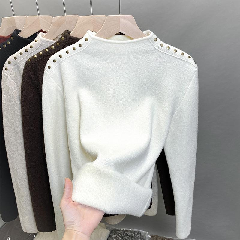 

One-piece fleece semi-turtleneck sweater women s fleece thick bottoming shirt autumn and winter new rivet knitted sweater inner top One size
