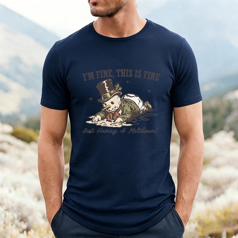 Fun Melting Snowman English Printed Men's T-Shirt Cross-Border Christmas Funny Crew Neck Short Sleeve Comfortable Casual T-Shirt