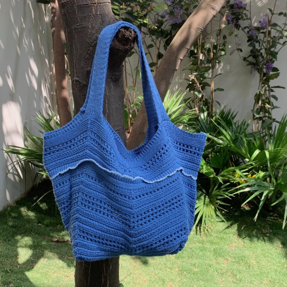 Korean Style Hollow Out Knitted Weave Bag Solid Color Knitted Shoulder Bag Crochet Tote Bag  Daily
