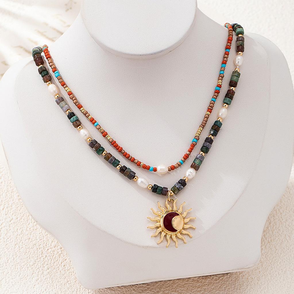New handmade beaded sun pendant double-layer necklace design temperament trend neck chain