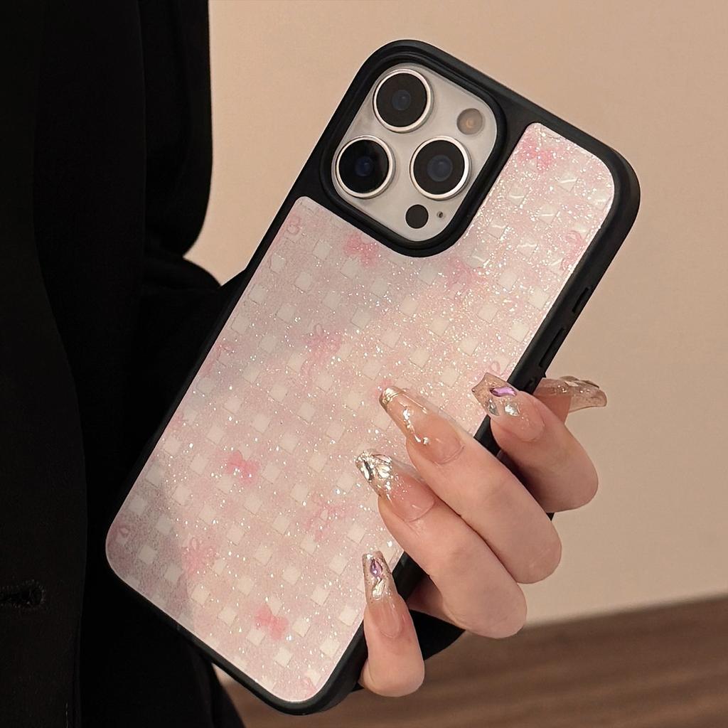 Sabbia Glittata Adatto per Iphone15 Apple 16pro Max Custodia per Telefono Cellulare Ins Glitter Rosa Check Fiocco 13 Dolce 14