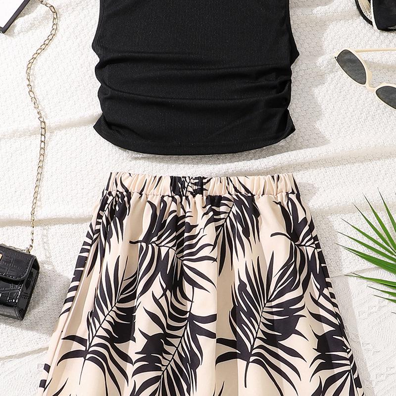 2025 Summer Kids' European Printed Skirt & Sleeveless Knit Top Set