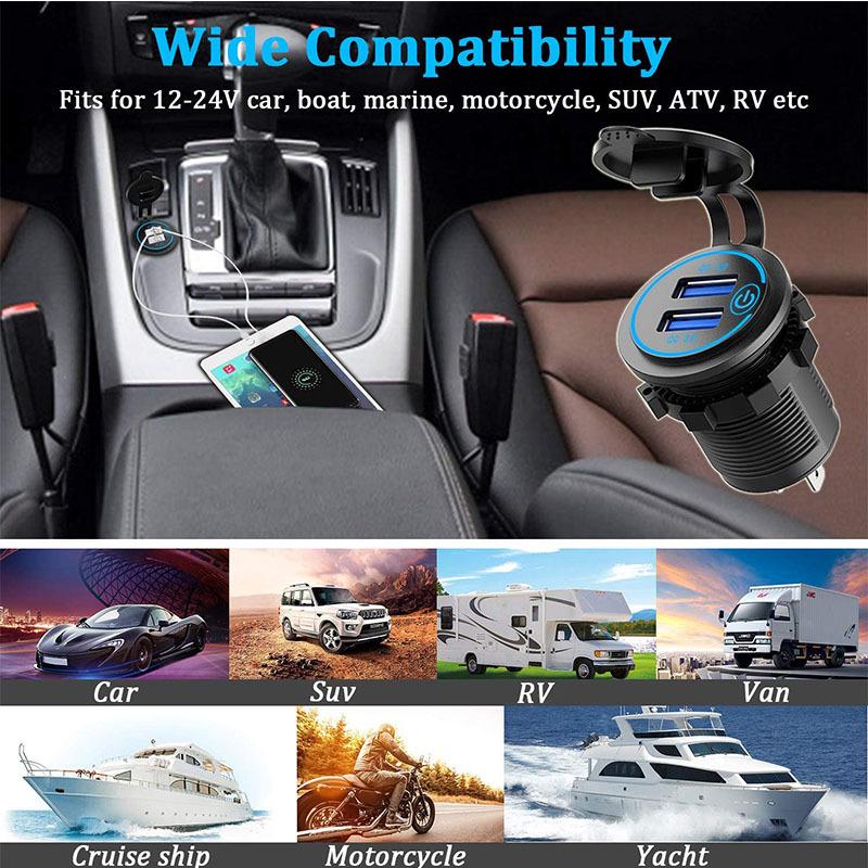 12/24V Fast Charger QC 3.0 Socket Dual USB Touch Switch Quick Charger Waterproof Vehicle Charging for Boat Van