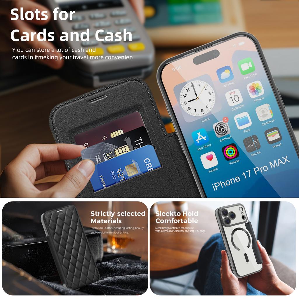 Magnetic Wallet Leather Phone Case For iPhone 17 Air 17Pro Max 15 Pro Max 16 Plus 13 12 11 Wireless Charging Flip Cover Magsafe Card Holder