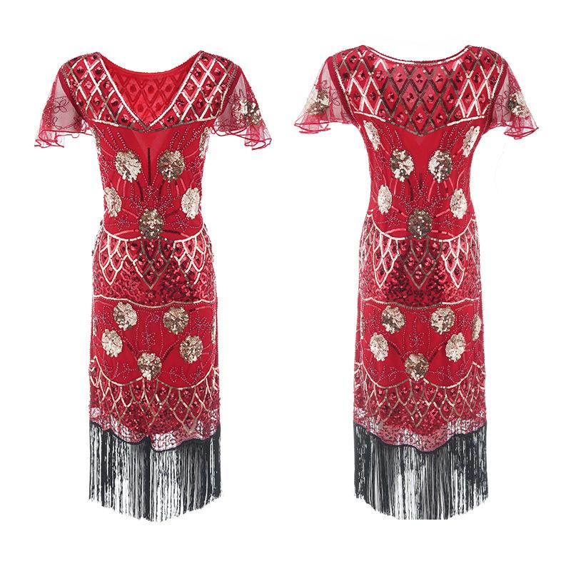 

Ретро платье платье с пайетками бисером бахромой популярное высококлассное вечернее банкетное маленькое платье женское S красный