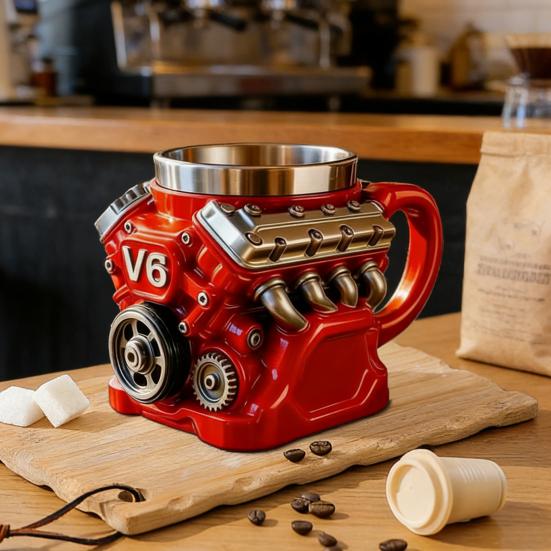 Retro Engine Coffee Mug Resin Mechanical Coffee Cup Collectible 3D Steampunk Beverage Mug for Car Enthusiasts