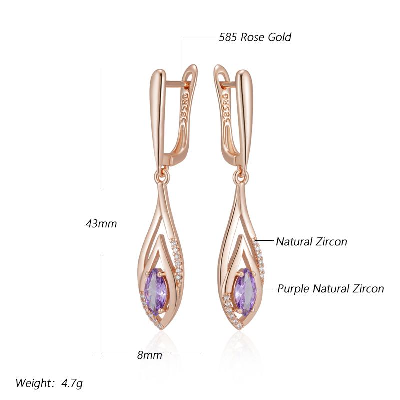 Shiny Purple Natural Zircon Long Dangle Earrings For Women  Rose Gold Color Vintage Ethnic Bride Daily Fine Jewelry