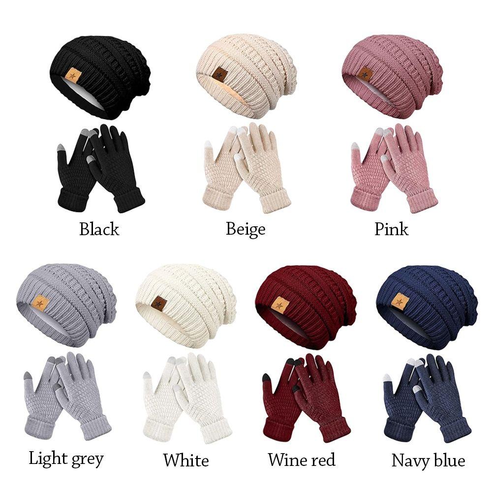 2PCS/Set Soft Knitted Hat Warm Winter Warm Mitten Gift Women Hats Gloves Set  Outdoor