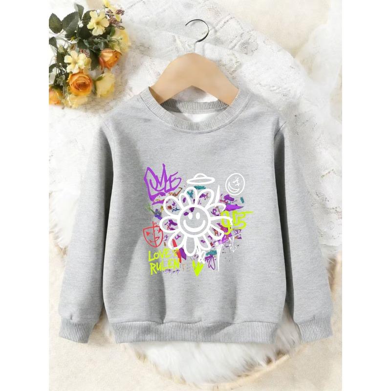 Unisex Kids Crewneck Sweatshirt, Graffiti Smiley Daisy Love Rule Print Pullover, Boys Girls Street Style Casual Sweatshirt For Kids Over 4 Years Old