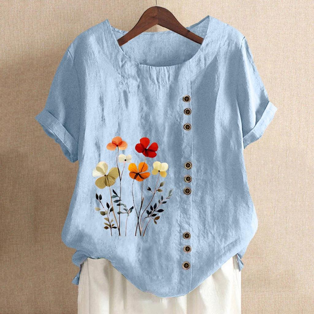 Women's Fashion Casual Round Neck Short Sleeve Cotton And Linen Printed T-shirt Top