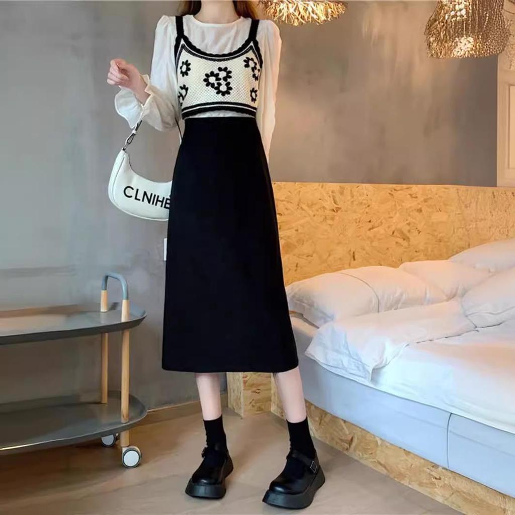 2024 Women's High Waist Midi A-line Skirt: Petite, Slimming, Black for Spring/Autumn