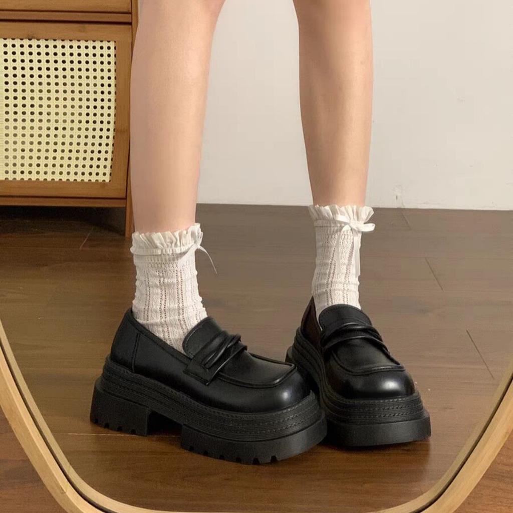 French Black Platform Heightening Loafers Women's 2025 Spring New Versatile One-pedal College Style Small Leather Shoes