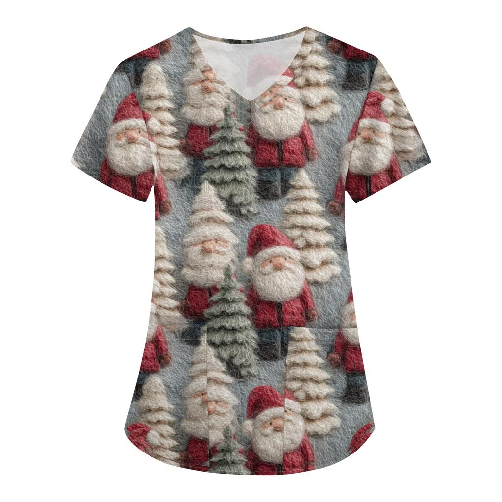 Women's Fashion V-Neck Short Sleeve Overalls With Pockets Christmas Printed Tops  Clothes
