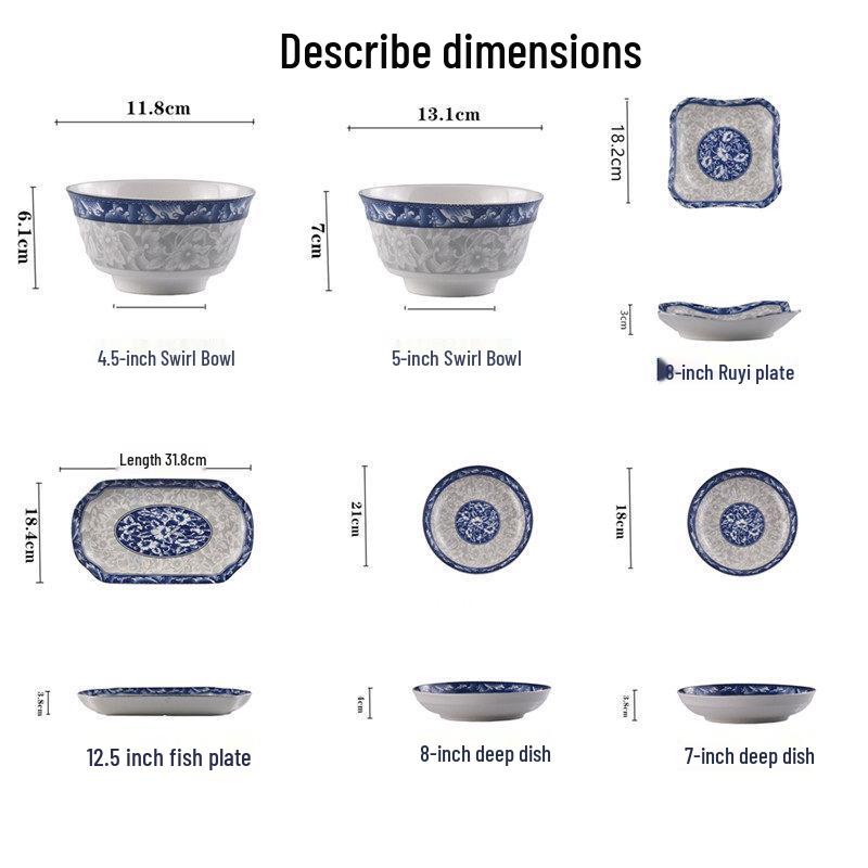 Set de 4 farfurii ceramice japoneze alb-albastru, de 8 inch: Include farfurie adâncă, farfurie pentru orez și farfurie pentru friptură.