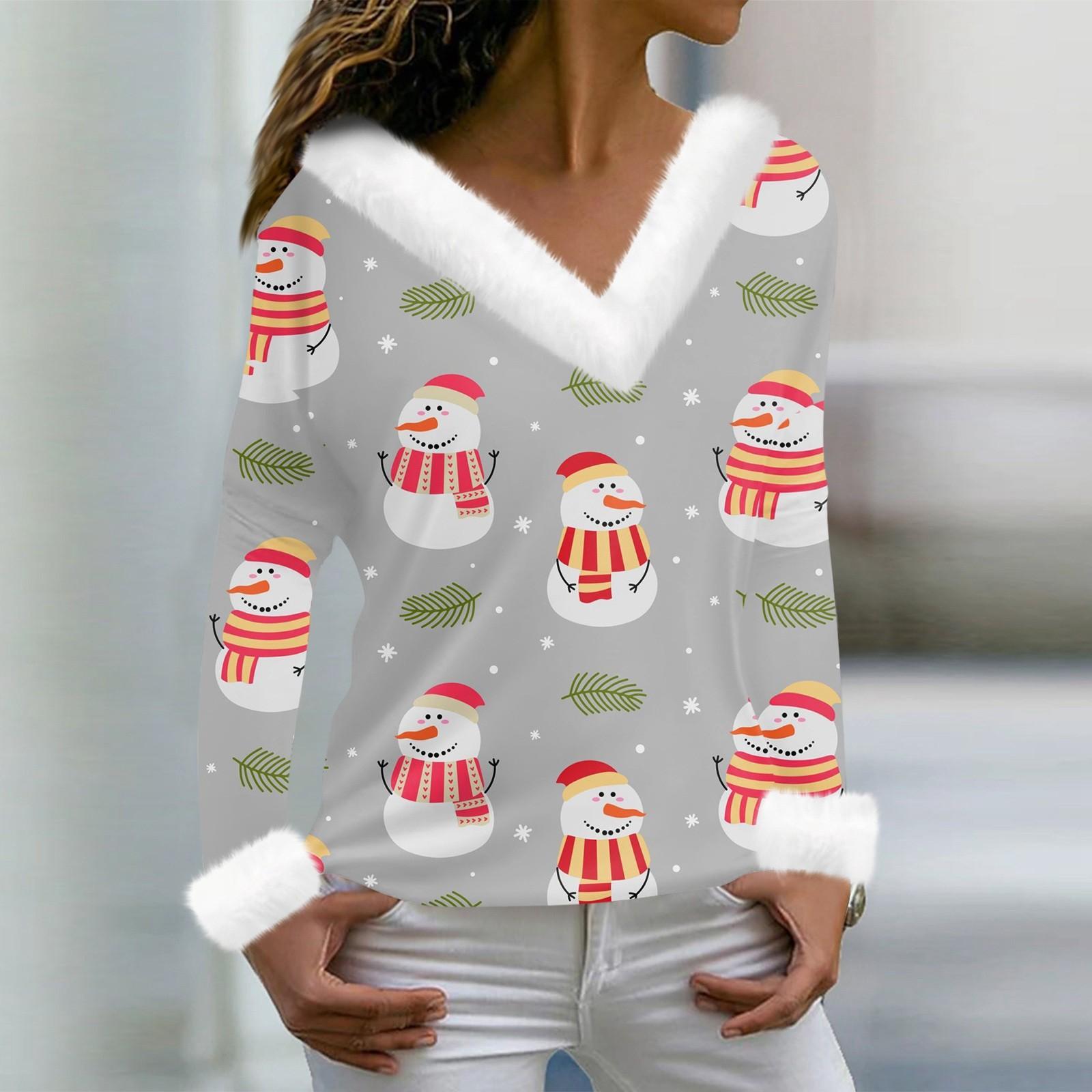 

Женская мода с длинным рукавом и рождественским принтом для вечеринки, плюшевый топ с v-образным вырезом L