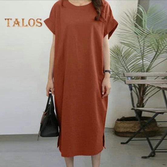 שמלת קיץ לנשים שרוולים קצרים או צווארון משוחרר צד ישר מכפלת מפוצלת רכה נושמת בתוספת מידה מזדמנת אורך אמצע עגל נסיעות נסיעות שמלת Midi