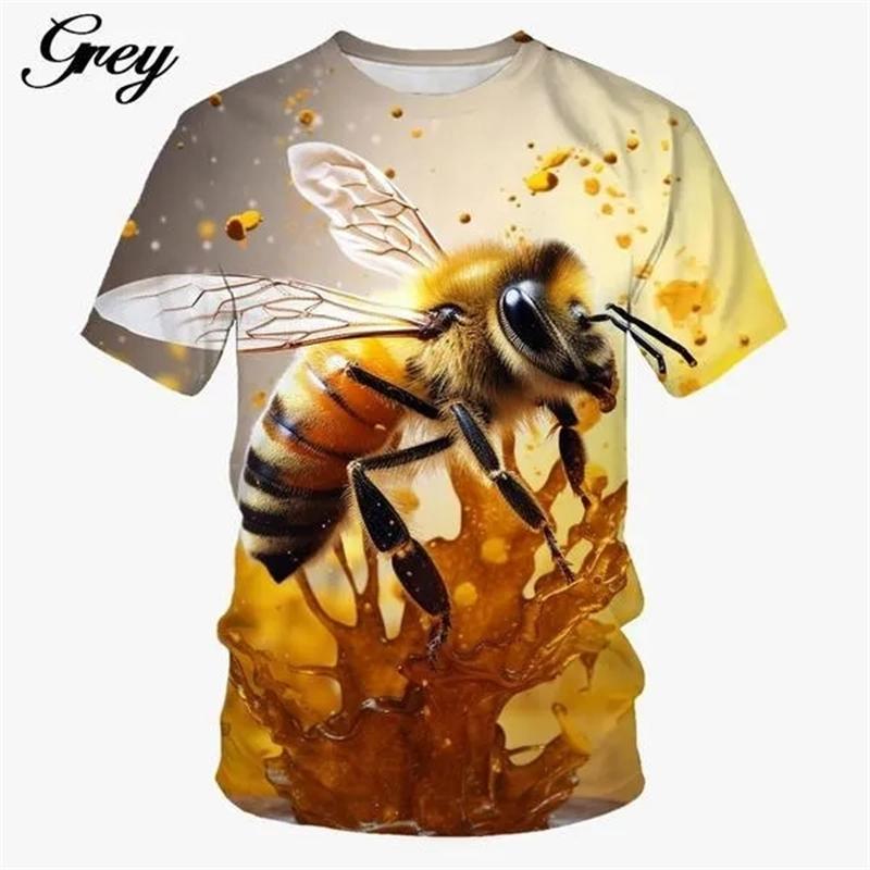 Summer Round Neck 3D Honeybee Pattern Print Top Fashionable Casual Short Sleeved Men's T-shirts