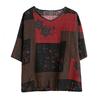Women's Summer V-neck Thin Ethnic-style Color-blocked T-shirt, Loose-fitting Casual Short-sleeved Top for Middle-aged and Elderly Women